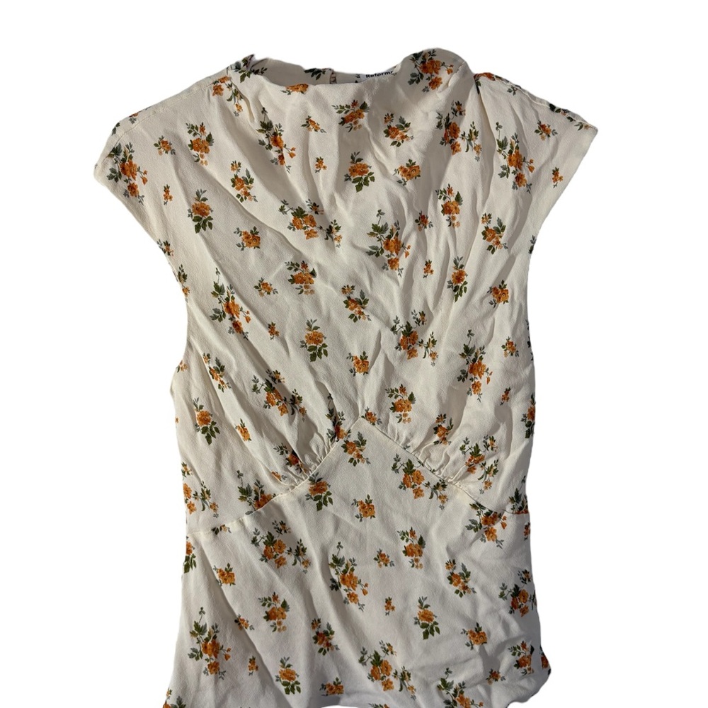 Reformation White Floral Blouse with Orange and Green Accents